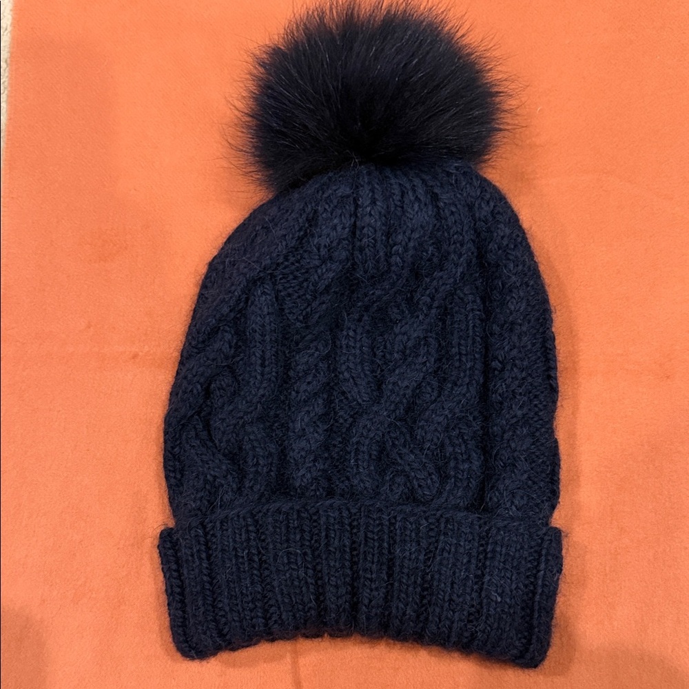 Eugenia Kim 100% Baby Alpaca Dark Blue Knit Beanie with Pom
